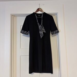 Misook Black Midi Dress with Printed Tie-Neck